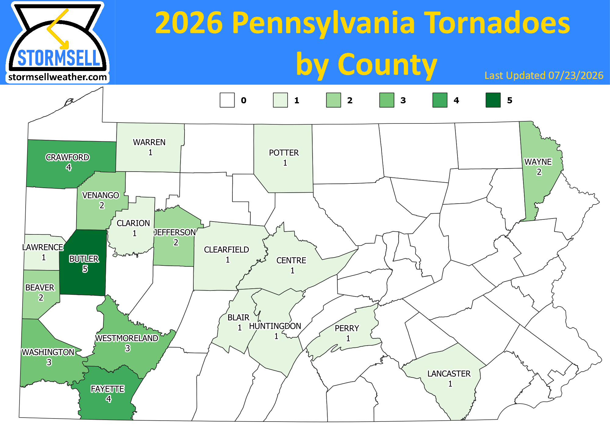 Map of Pennsylvania tornadoes in 2026