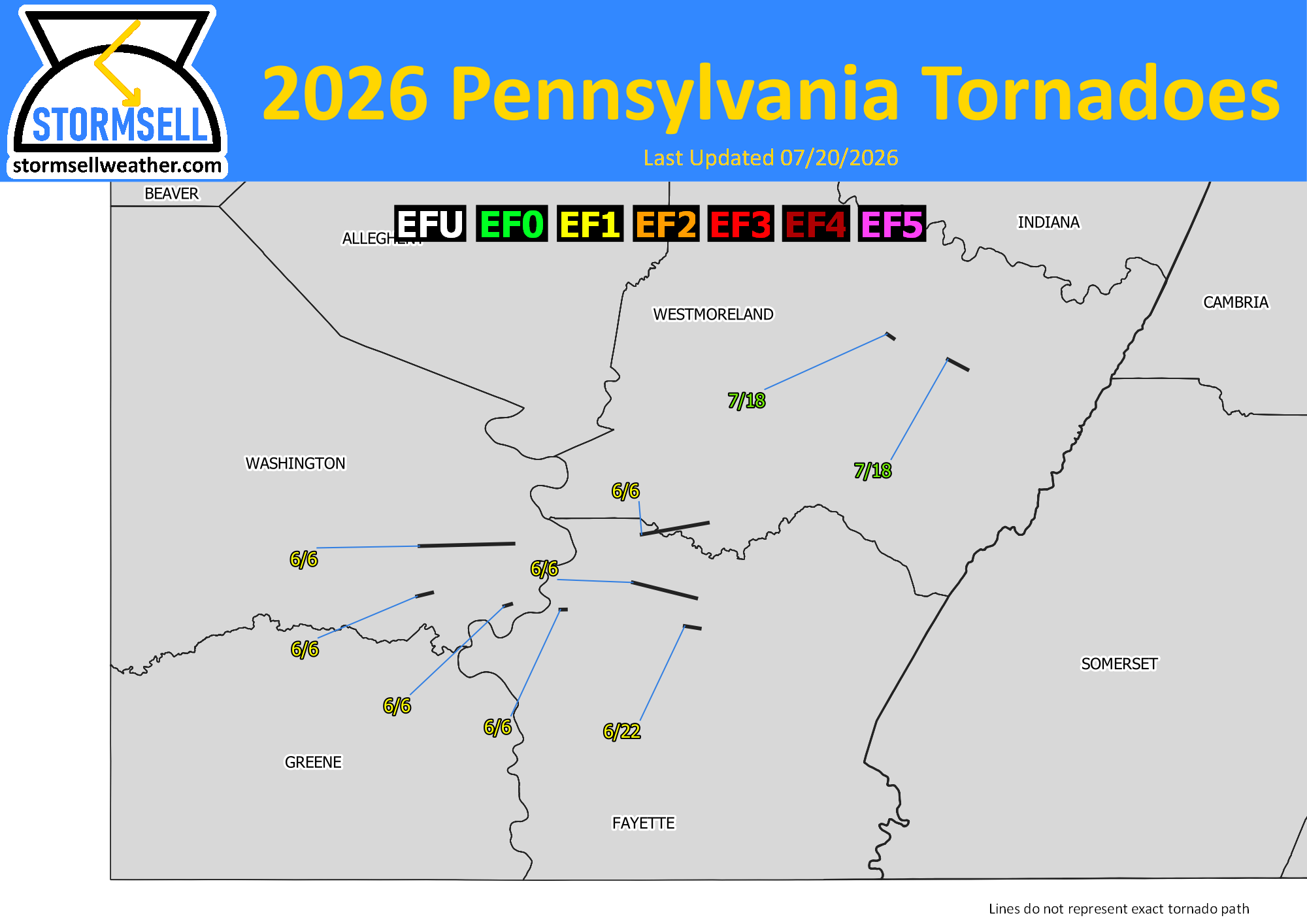 Map of Southwest Pennsylvania tornadoes in 2026